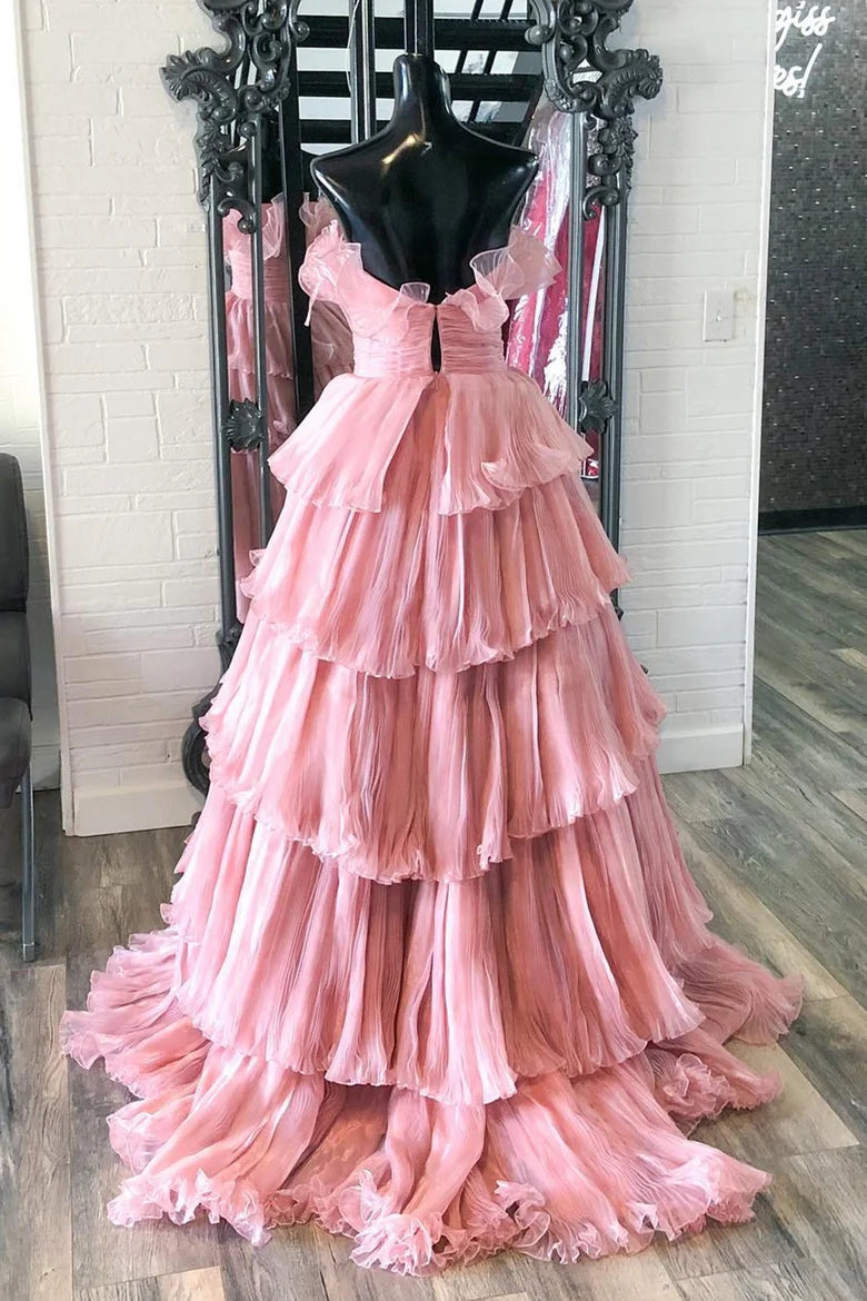 Vestido de fiesta sin tirantes, con cintura elástica y volantes